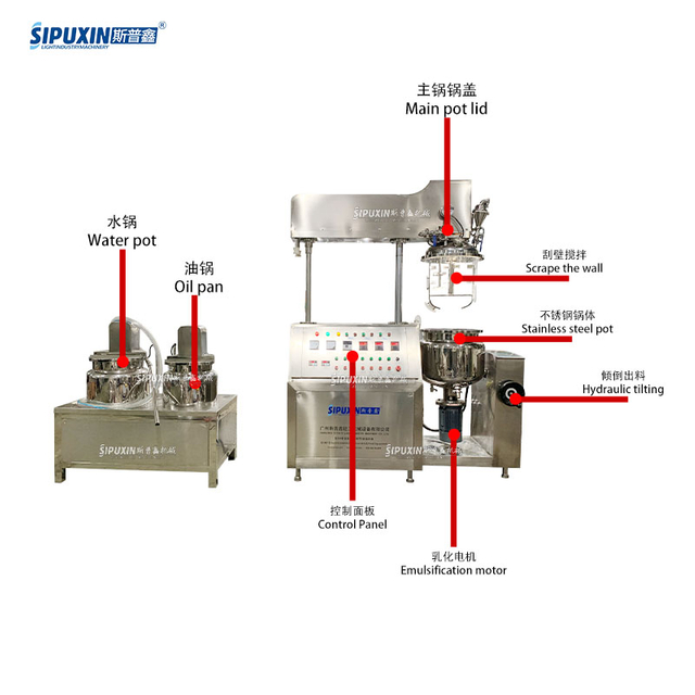 50 L Stainless Steel Hydraulic Lifting Vacuum High Shear Homogenizing Emulsifying Mixing Machine with Oil And Water Phase Pot for Cosmetics Chemical Food Production