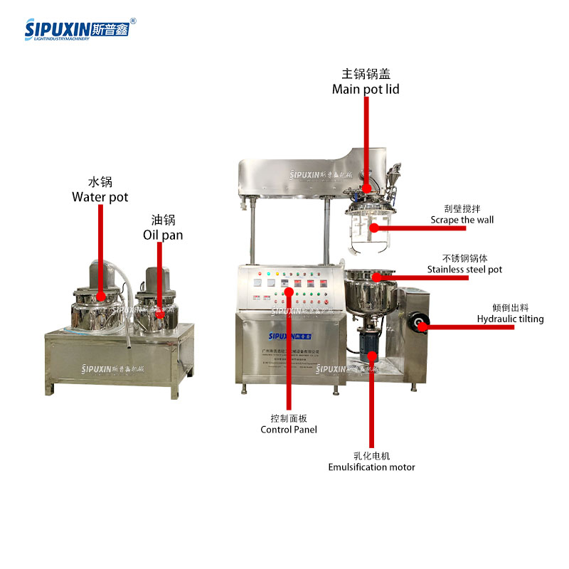 50 L Stainless Steel Hydraulic Lifting Vacuum High Shear Homogenizing Emulsifying Mixing Machine with Oil And Water Phase Pot for Cosmetics Chemical Food Production