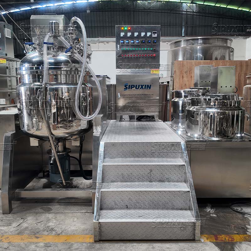300L Hydraulic Lifting Vacuum Emulsifier Vacuum Homogenizing Mixing Pot with Oil & Water Phase Tank Tilting Discharge Cosmetic Manufacturing Equipment