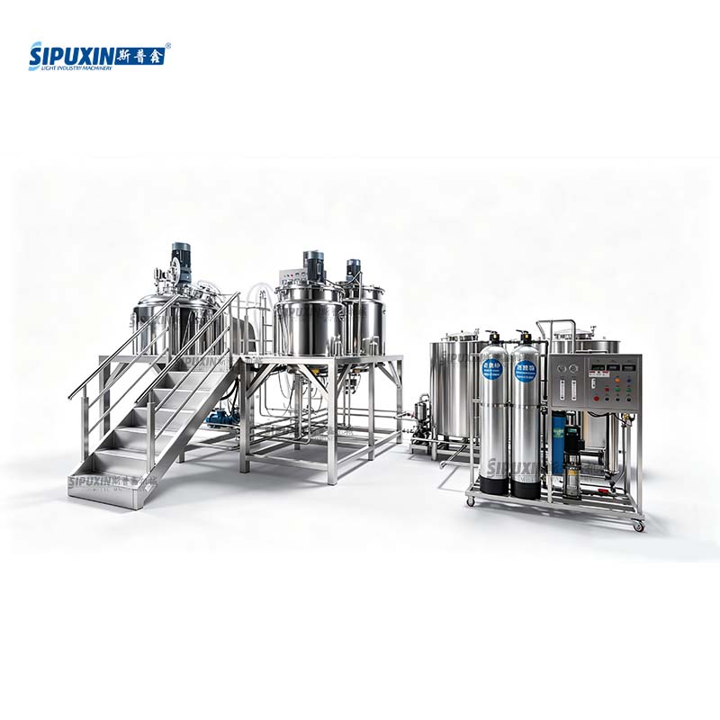 1000L Vacuum Homogenizing Emulsifier Machine with High Shear Homogenizer, Complete Cosmetic Production Line Equipped with Water Tank & Water Treatment System for Cream Lotion Shampoo