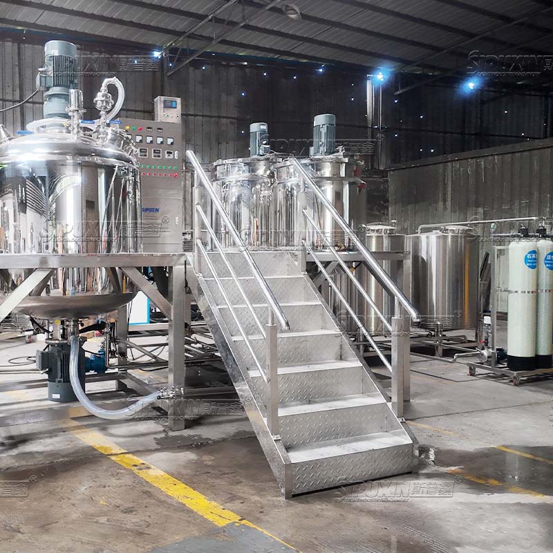 1000L Vacuum Homogenizing Emulsifier Machine with High Shear Homogenizer, Complete Cosmetic Production Line Equipped with Water Tank & Water Treatment System for Cream Lotion Shampoo