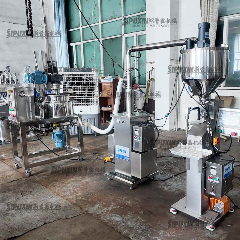 Cosmetic Production Line Vacuum Homogenizer Mixing Tank Pneumatic Feeding Pump Vertical Paste Filling Machine Set